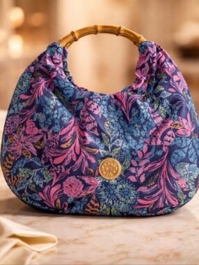 Lilly Pulitzer Navy, Pink & Green Floral Hobo with Bamboo Handle